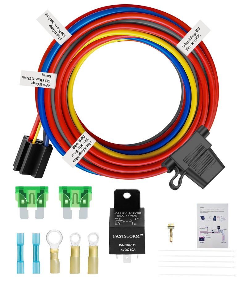 FASTSTORM Electric Fuel Pump Relay Kit 12V Relay Bypass Switch Kit Fuel Pump Relay Wiring Harness Kit 60 Amp Waterproof Relay Kit Fit 12V System Heavy Duty Long Wires Universal Fit